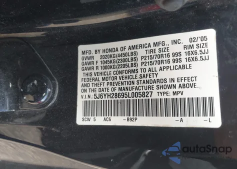 2005 Honda Element Ex from USA, damaged, VIN 5J6YH28695L005827